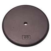 50 lb black standard weight plate for strength training, designed for effective muscle building and shaping.